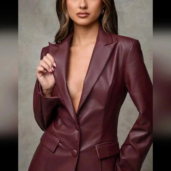 Women's Vintage Burgundy Waist Cinched PU Leather Blazer Jacket - Picture 6 of 7